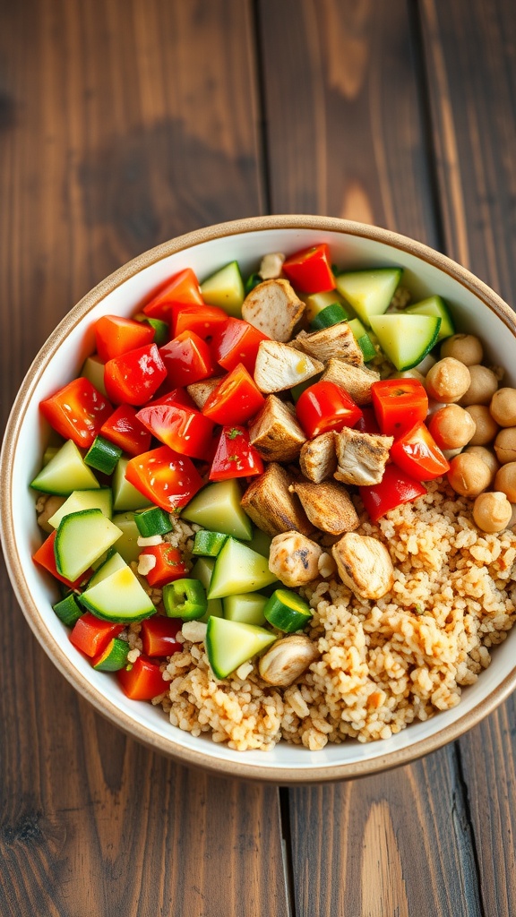 A colorful quinoa bowl with vegetables and protein on a rustic table.